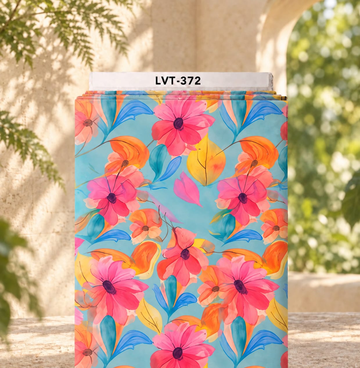LVT-372 Vibrant watercolor florals in pink and orange with blue and yellow leaves on a turquoise background. - الصورة 1