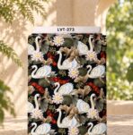 Elegant white swans and red koi fish with lotus flowers and earthy leaves on a deep black background.
