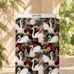 Elegant white swans and red koi fish with lotus flowers and earthy leaves on a deep black background.