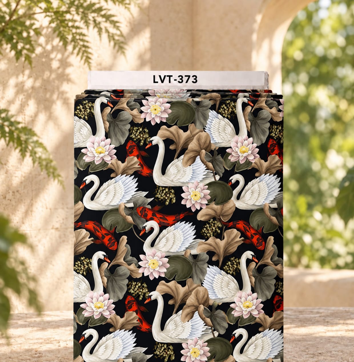 LVT-373 Elegant white swans and red koi fish with lotus flowers and earthy leaves on a deep black background. - الصورة 1