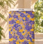 Watercolor floral print with violet and golden-yellow flowers on a soft beige background.