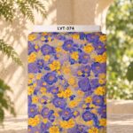 Watercolor floral print with violet and golden-yellow flowers on a soft beige background.