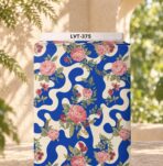 Pink floral print with flowing royal-blue and cream abstract waves
