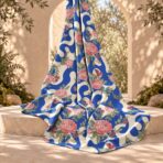 Pink floral print with flowing royal-blue and cream abstract waves - Image 2