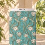 Elegant ivory tulips with flowing sage-green leaves on a soft turquoise background.