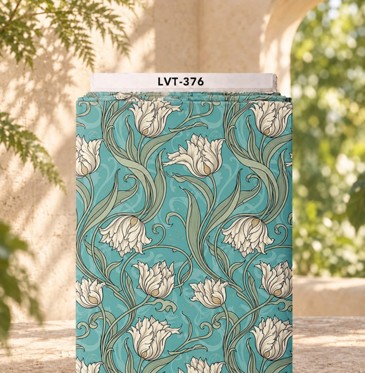 LVT-376 Elegant ivory tulips with flowing sage-green leaves on a soft turquoise background. - Image 1