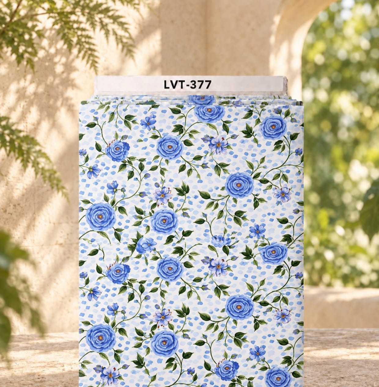 LVT-377 Delicate blue roses with green leafy vines on a soft white dotted background. - Image 1