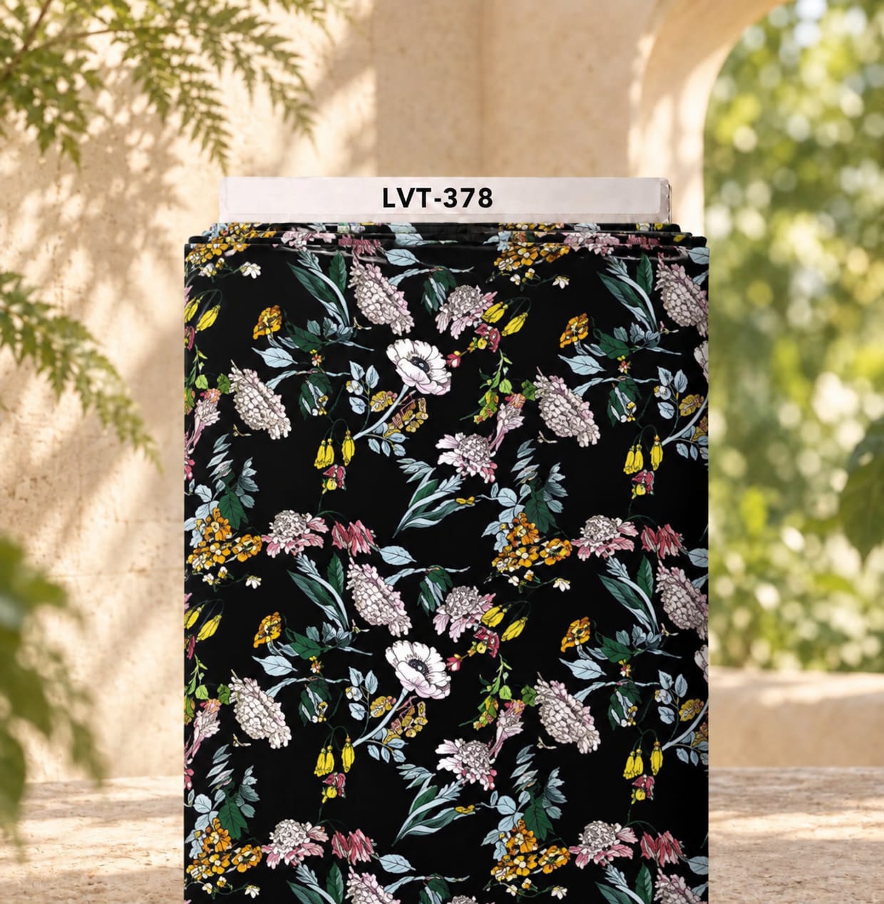 LVT-378 Delicate multicolor wildflowers with soft green and blue leaves on a deep black background. - Image 1