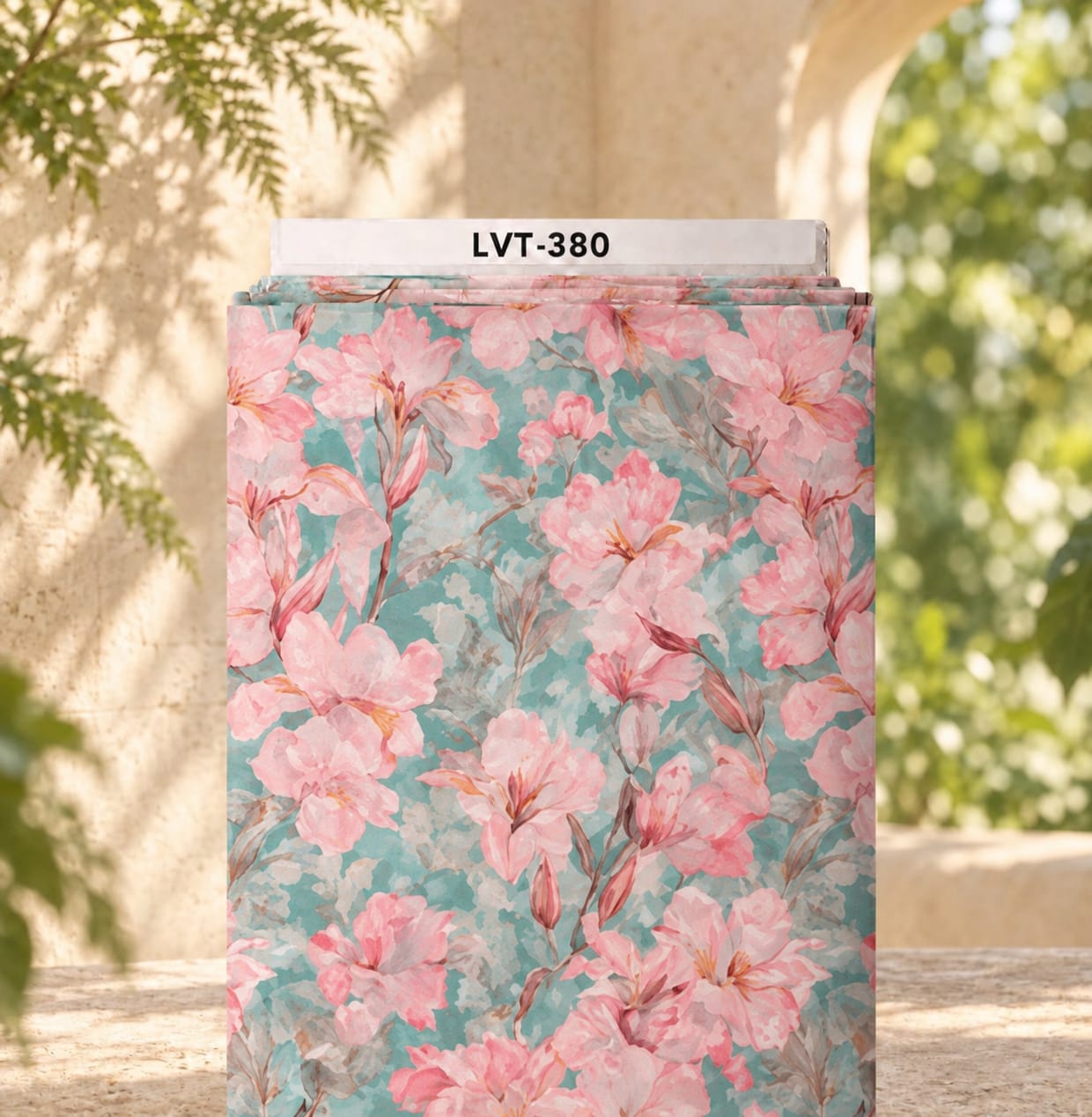 LVT-380 Soft pink watercolor flowers on a fresh turquoise background. - Image 1