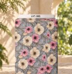 Soft pink and ivory floral design on a dusty blue background with delicate botanical leaves.