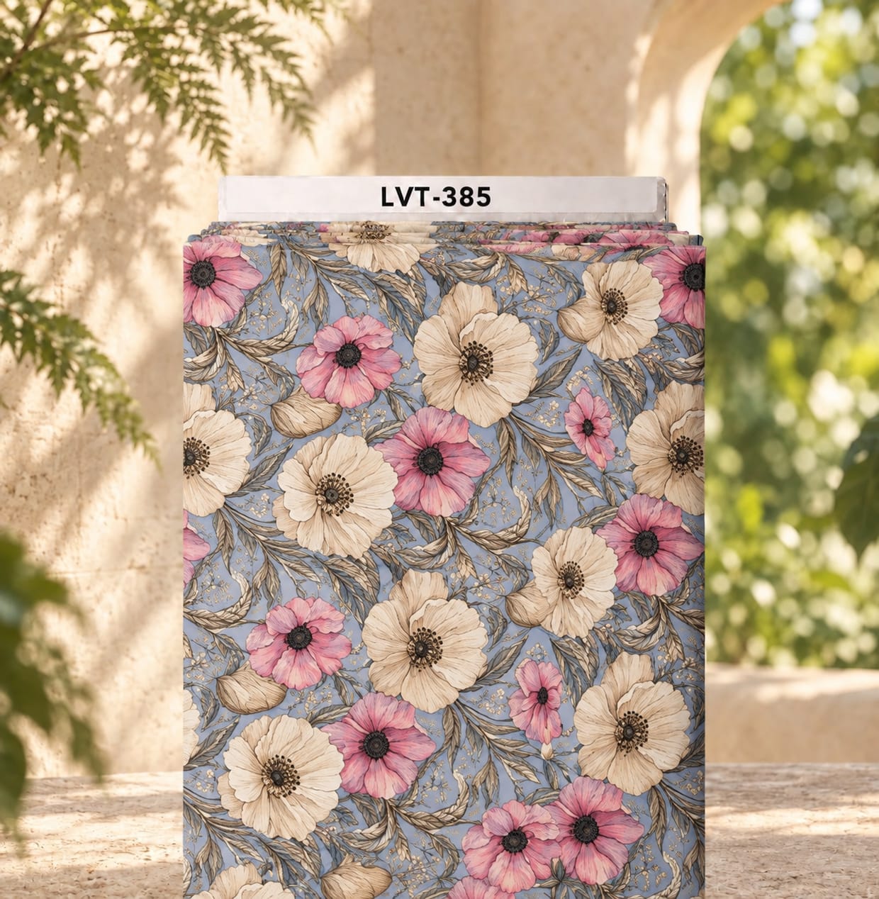 LVT-385 Soft pink and ivory floral design on a dusty blue background with delicate botanical leaves. - الصورة 1