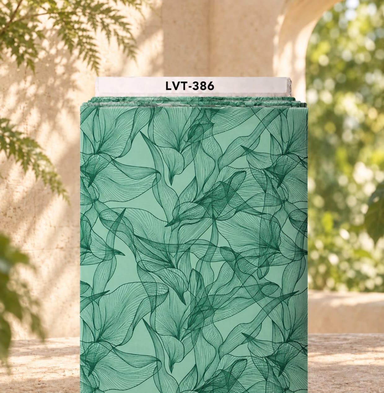 LVT-386 Elegant abstract floral line design in deep green on a soft mint background. - الصورة 1