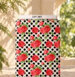 Vibrant red floral design with black polka dots on a soft ivory background.