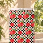 Vibrant red floral design with black polka dots on a soft ivory background.