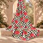 Vibrant red floral design with black polka dots on a soft ivory background. - Image 2