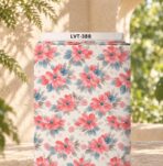 Vibrant red floral design with black polka dots on a soft ivory background.