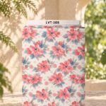Vibrant red floral design with black polka dots on a soft ivory background.