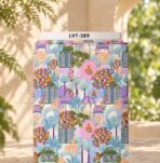 Colorful architectural garden design with palms, florals, arches, and decorative windows.