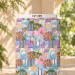 Colorful architectural garden design with palms, florals, arches, and decorative windows.