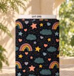 Playful rainbow, stars, hearts, and clouds design on a deep navy background.