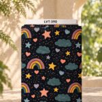 Playful rainbow, stars, hearts, and clouds design on a deep navy background.