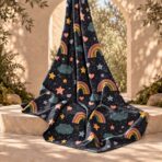 ⁦Playful rainbow, stars, hearts, and clouds design on a deep navy background.⁩ - الصورة ⁦2⁩