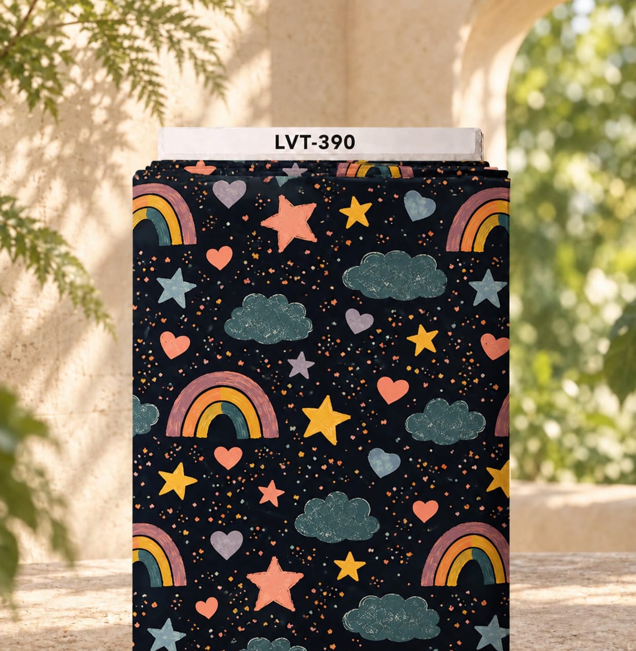 LVT-390 Playful rainbow, stars, hearts, and clouds design on a deep navy background. - Image 1