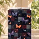 Playful butterfly design over a dark checkered background with subtle golden accents.