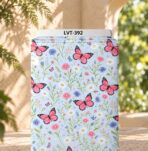 Delicate pink butterflies with colorful wildflowers on a soft light-blue background.