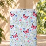 Delicate pink butterflies with colorful wildflowers on a soft light-blue background.