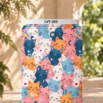 Cute colorful cat pattern with playful hearts in pink, blue, orange and white.