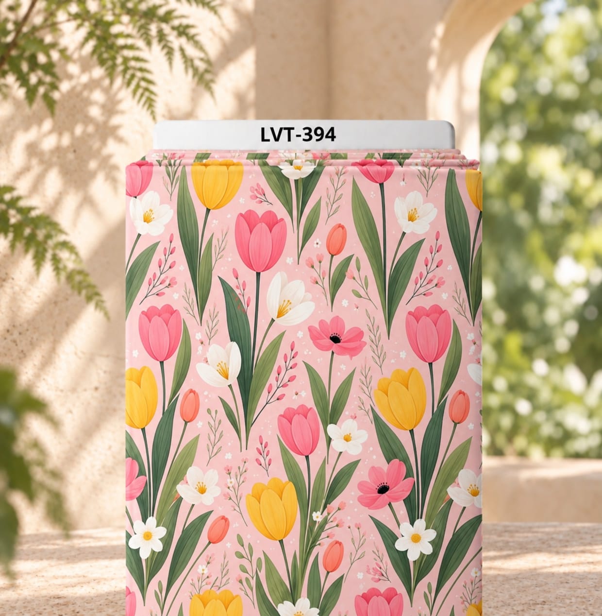 LVT-394 Colorful tulips and delicate flowers on a soft pink background. - Image 1