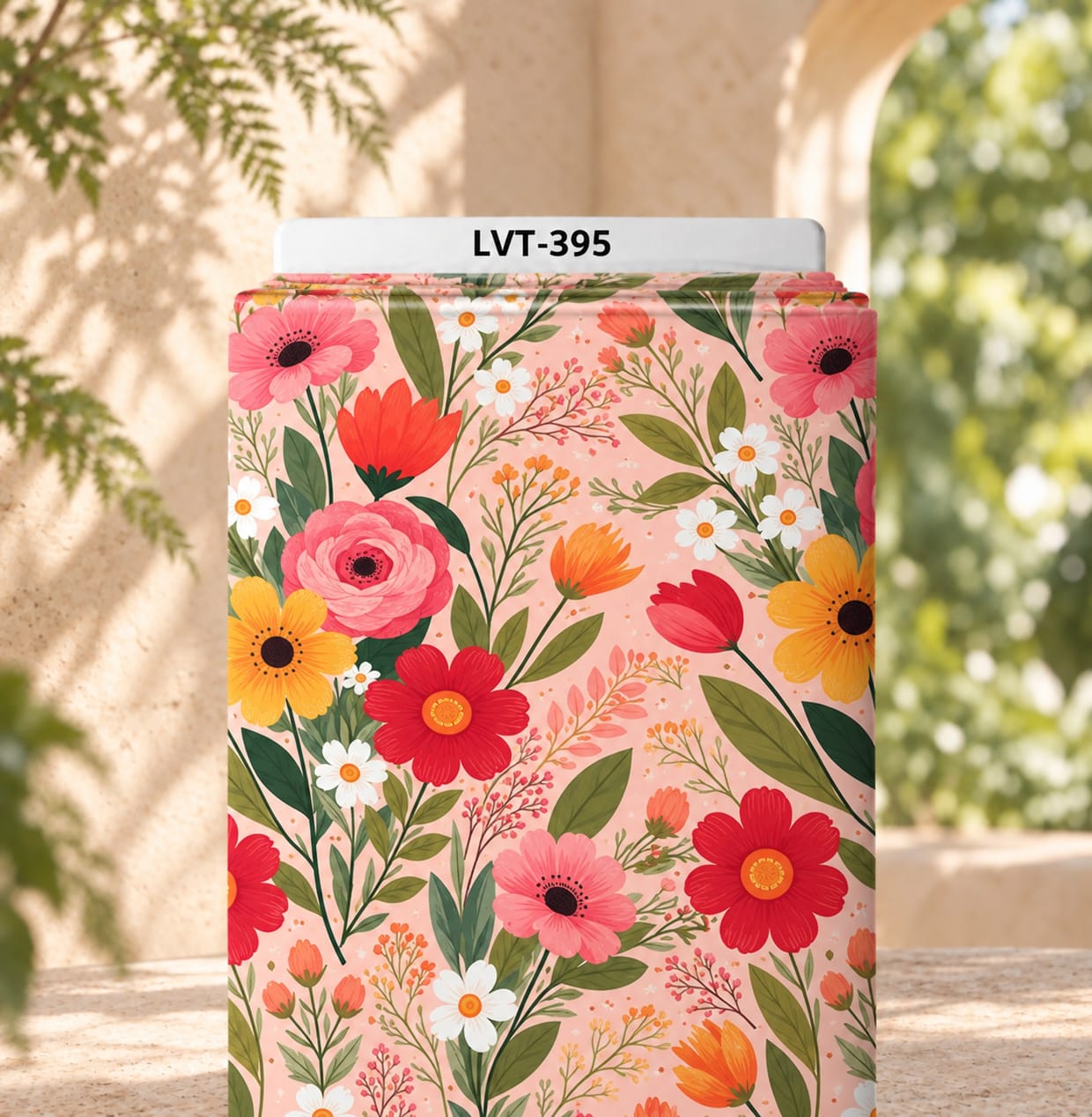LVT-395 Vibrant colorful flowers and green leaves on a soft peach-pink background. - الصورة 1