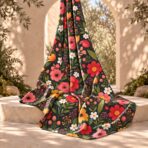 Vibrant red, pink and yellow flowers with green leaves on a deep black background. - Image 2