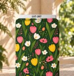 Colorful tulips and delicate flowers on a deep green background.