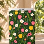 Colorful tulips and delicate flowers on a deep green background.