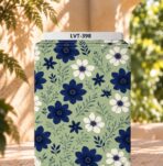 Navy blue and white flowers on a soft sage green background.