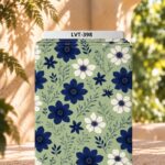 Navy blue and white flowers on a soft sage green background.