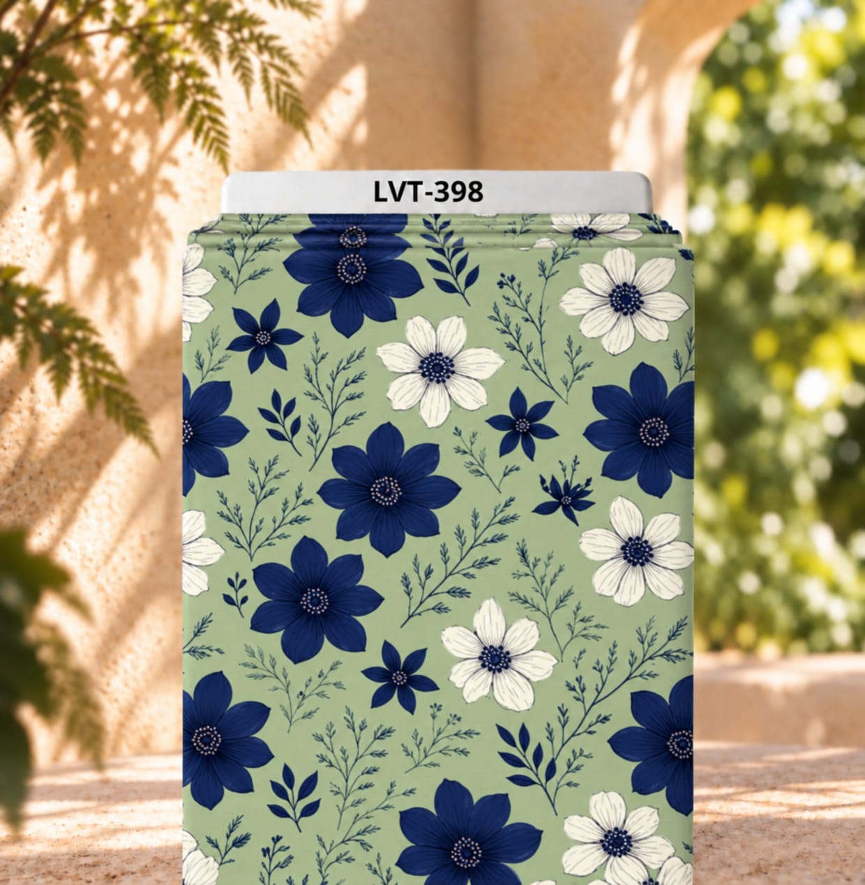 LVT-398 Navy blue and white flowers on a soft sage green background. - Image 1