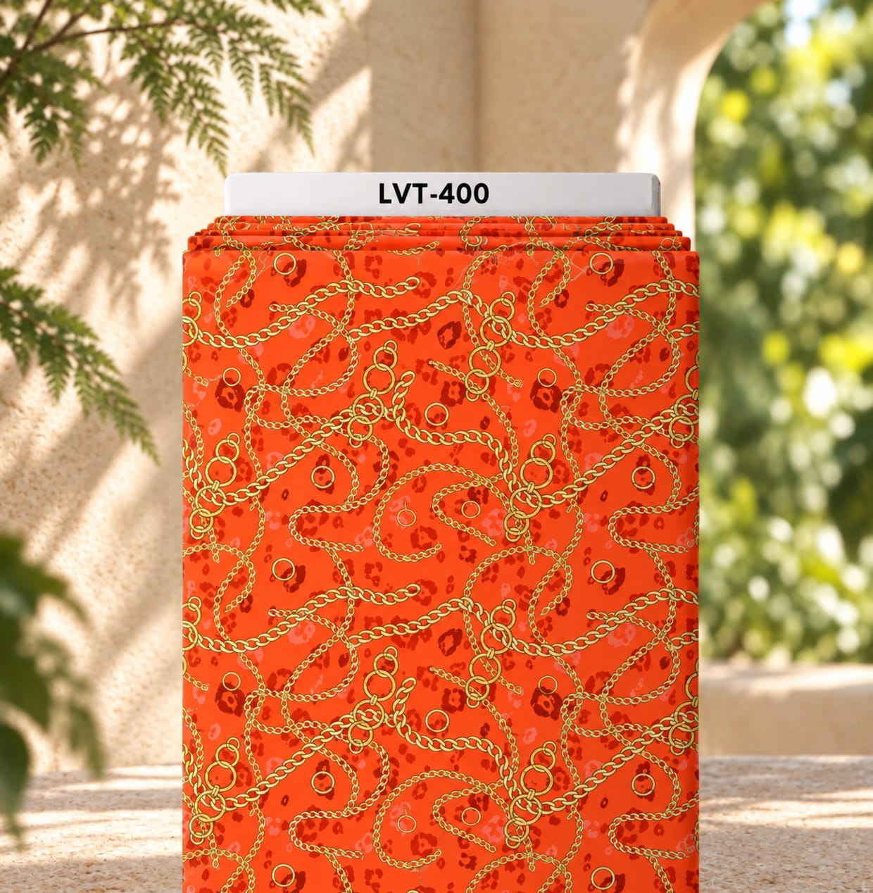 LVT-400 Bold gold chain pattern with subtle leopard accents on a vibrant orange-red background. - الصورة 1