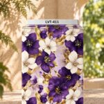 Elegant purple and ivory florals with golden leaves on a soft lavender background.