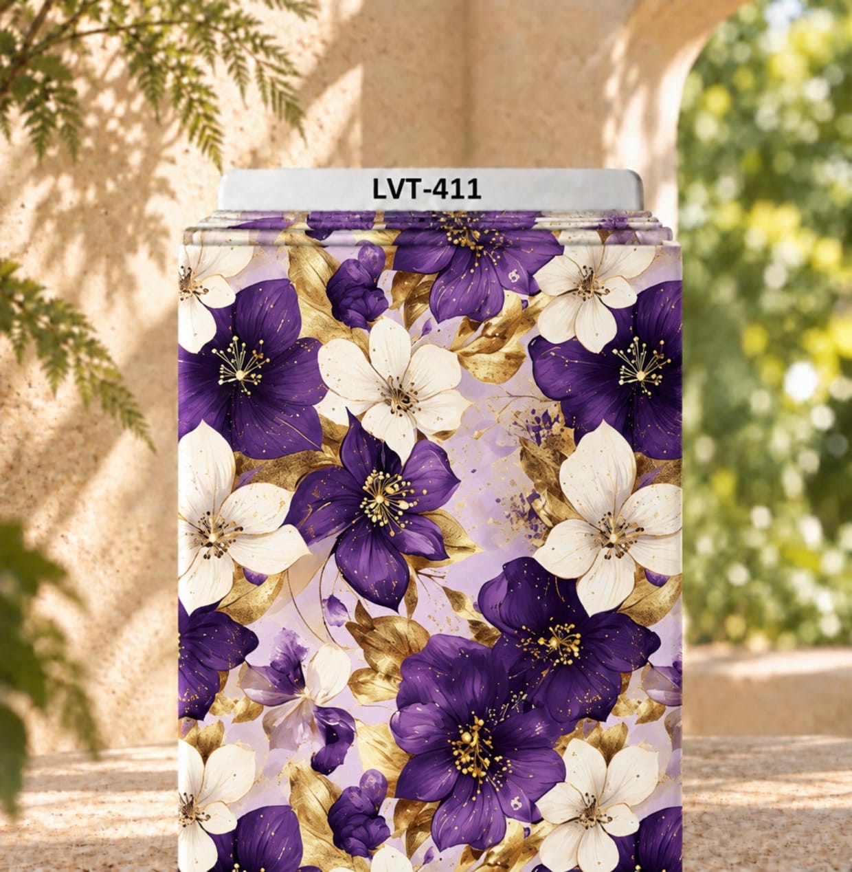 LVT-411 Elegant purple and ivory florals with golden leaves on a soft lavender background. - Image 1