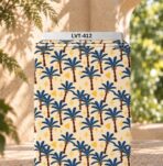 Playful blue palm tree print with golden geometric accents on a soft cream background.