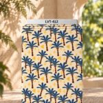 Playful blue palm tree print with golden geometric accents on a soft cream background.