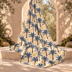 Playful blue palm tree print with golden geometric accents on a soft cream background. - Image 2