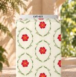 Elegant red floral print framed with delicate green leafy vines on a soft cream background.