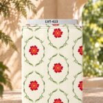 Elegant red floral print framed with delicate green leafy vines on a soft cream background.