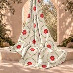 Elegant red floral print framed with delicate green leafy vines on a soft cream background. - Image 2