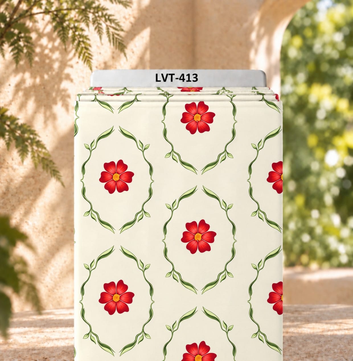 LVT-413 Elegant red floral print framed with delicate green leafy vines on a soft cream background. - Image 1