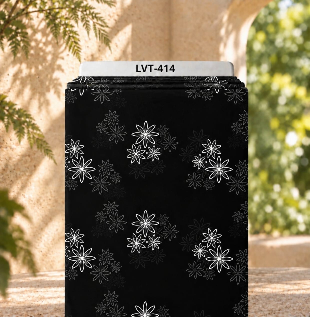 LVT-414 Minimal floral outline print in white and grey on a deep black background - Image 1